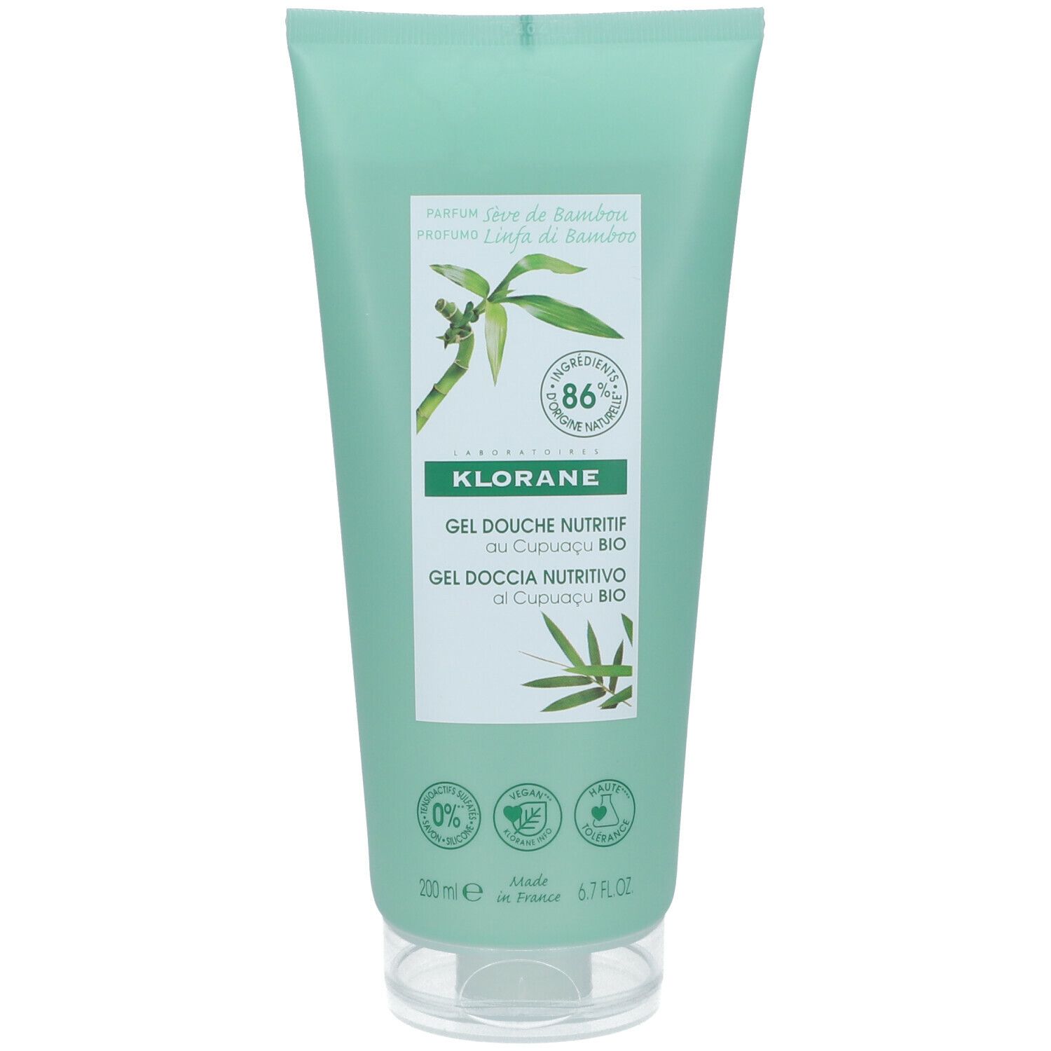 Tube vert avec texte, illustration de bambou et logo. Contient 86% d'ingrédients naturels. 200 ml.