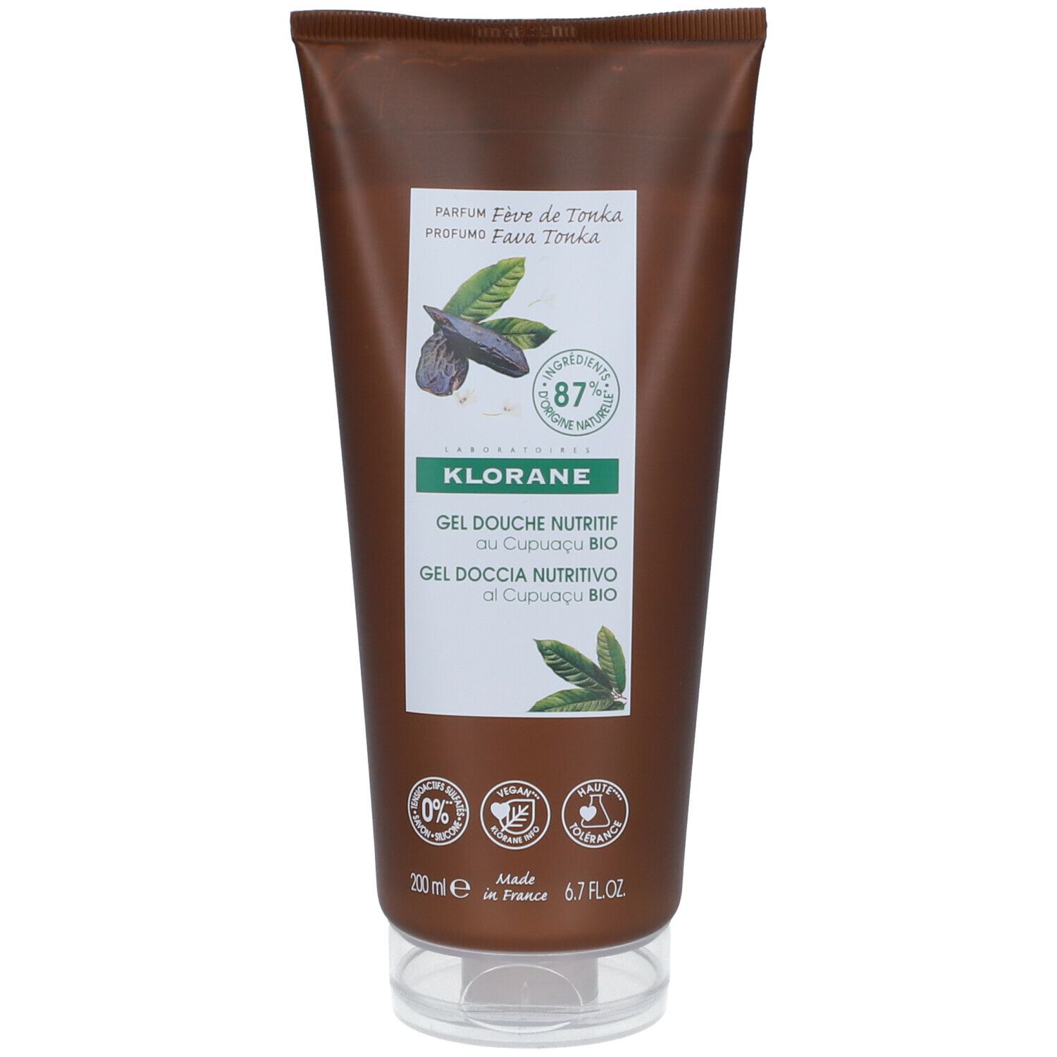 Tube de gel douche marron avec étiquette blanche. Texte: Klorane, Gel Douche Nutritif, Cupuaçu Bio. 87% ingrédients naturels.