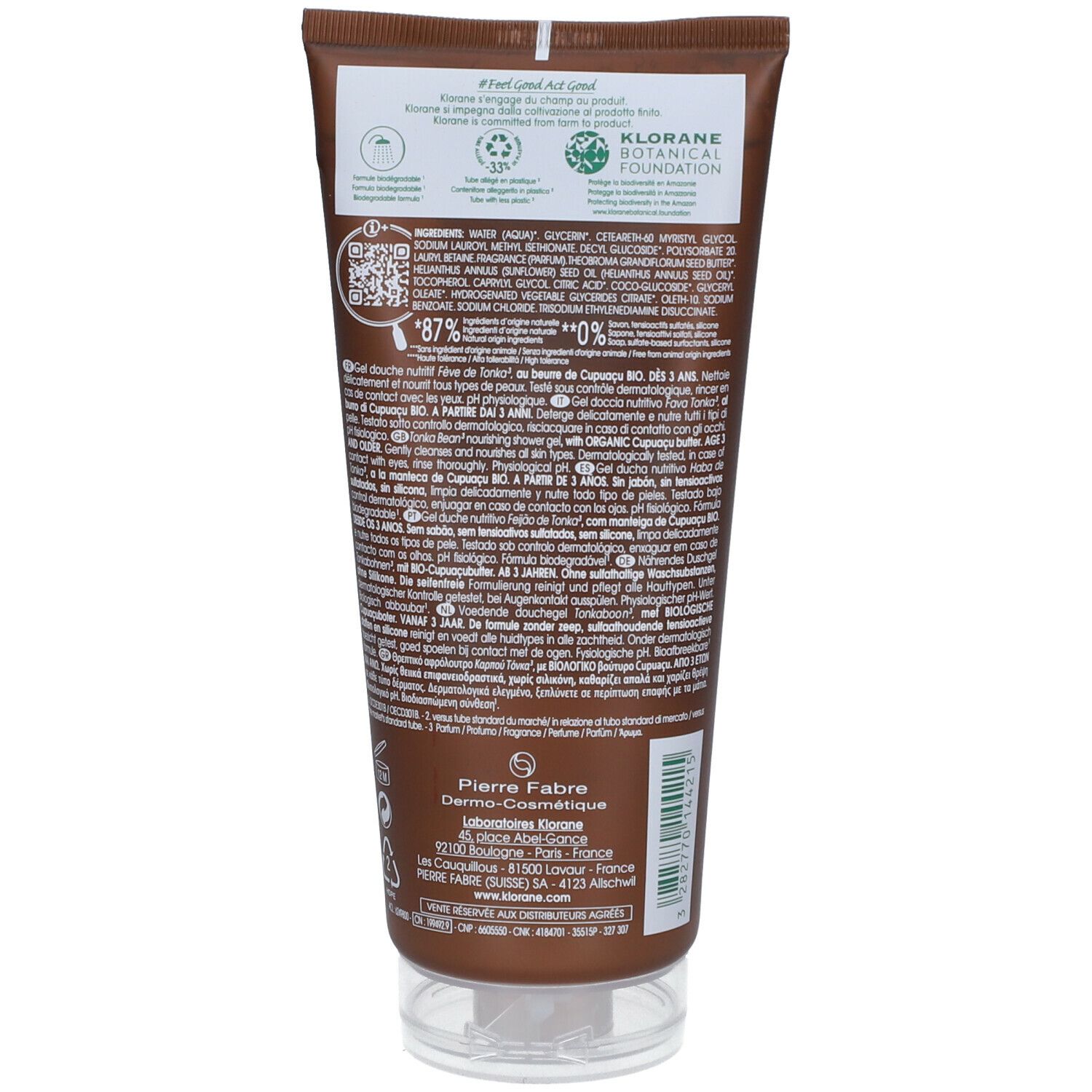 Dos du tube de gel douche. Texte: Ingrédients, Pierre Fabre, Dermo-Cosmétique. Labels: 87%, 0%, symboles de recyclage.