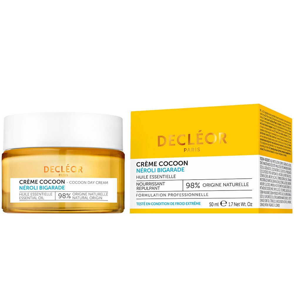 Pot de crème et boîte. Inscription: Decléor, Crème Cocoon, Néroli Bigarade. 98% d'origine naturelle. 50ml.