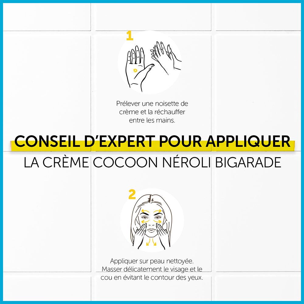Étapes d'application: Prélever crème, chauffer entre les mains, appliquer sur le visage. Decléor Crème Cocoon.
