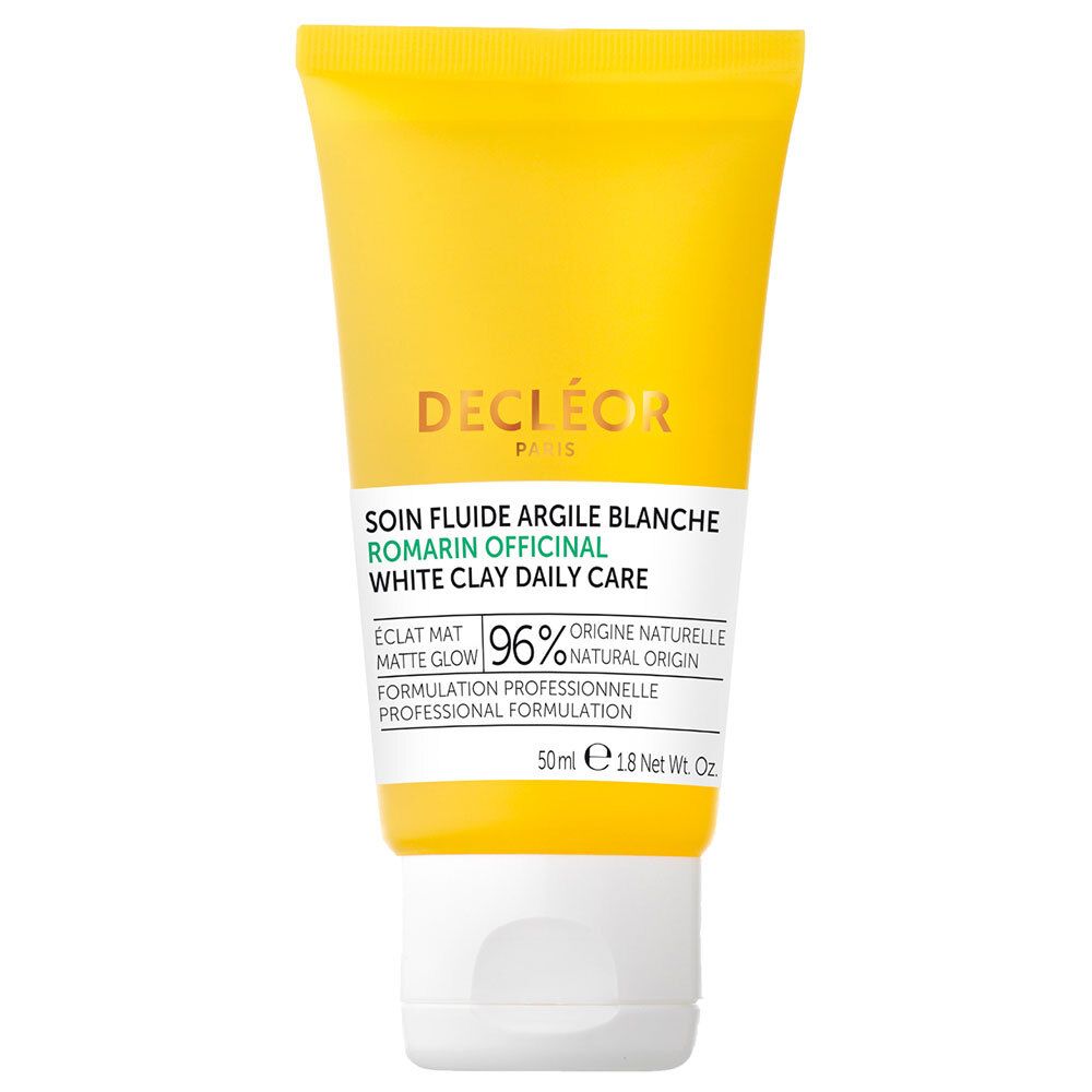 Tube jaune. Texte: Decléor, Soin Fluide Argile Blanche, Romarin Officinal, White Clay Daily Care. 96% d'origine naturelle.