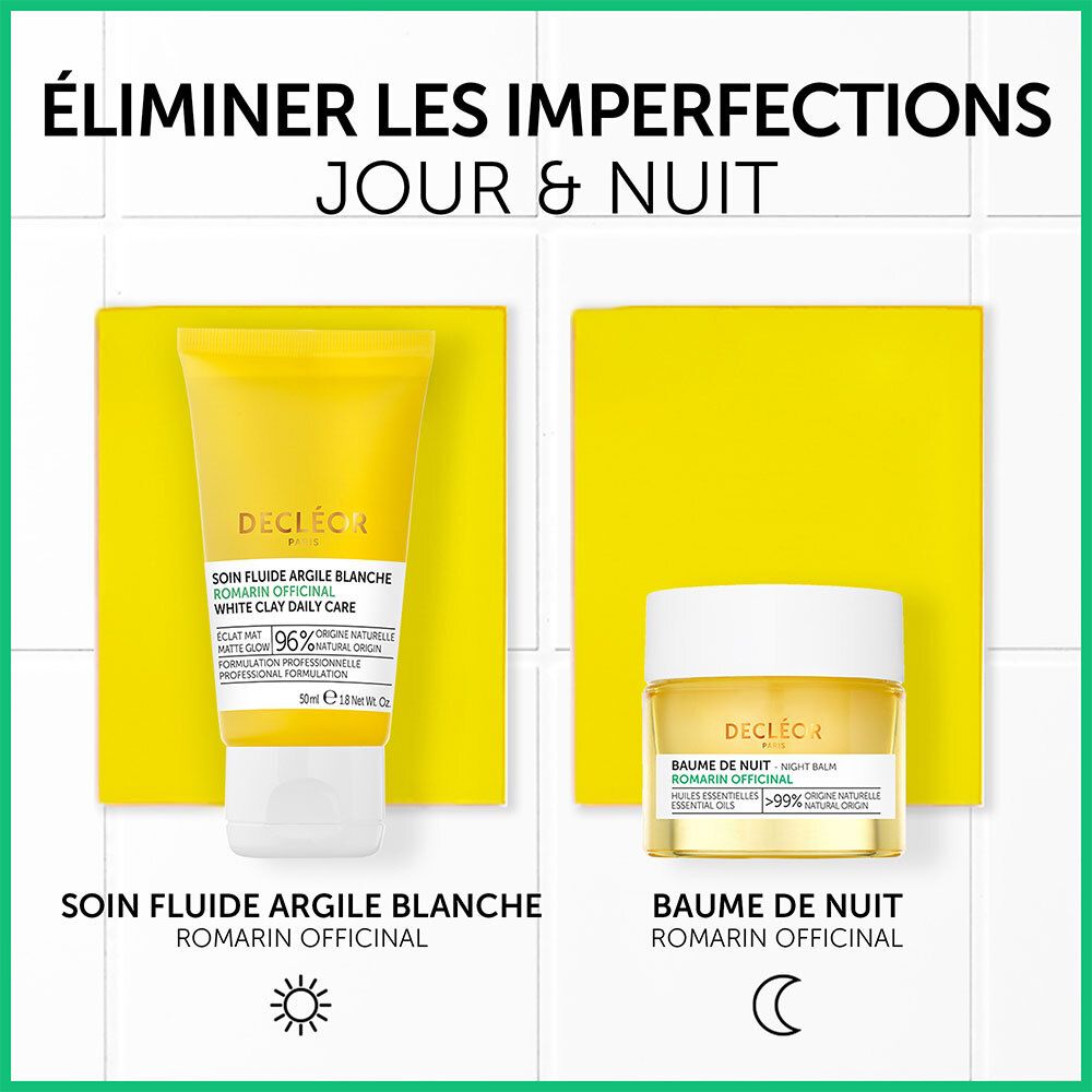 Deux produits sur des carrés jaunes. À gauche: tube. À droite: pot. Texte: Soin Fluide Argile Blanche, Baume de Nuit. Soleil et lune.