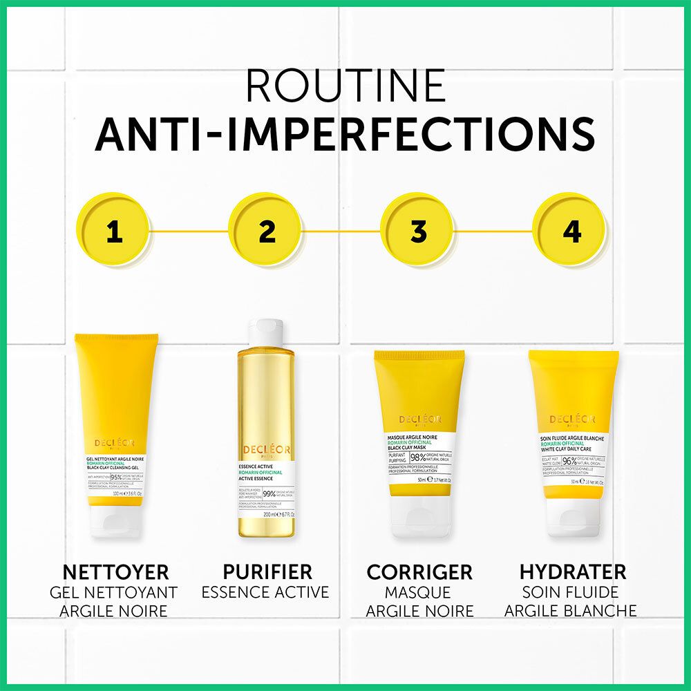 Quatre produits en ligne. Texte: Nettoyer, Purifier, Corriger, Hydrater. Produits: Gel, Essence, Masque, Soin Fluide Argile Blanche.