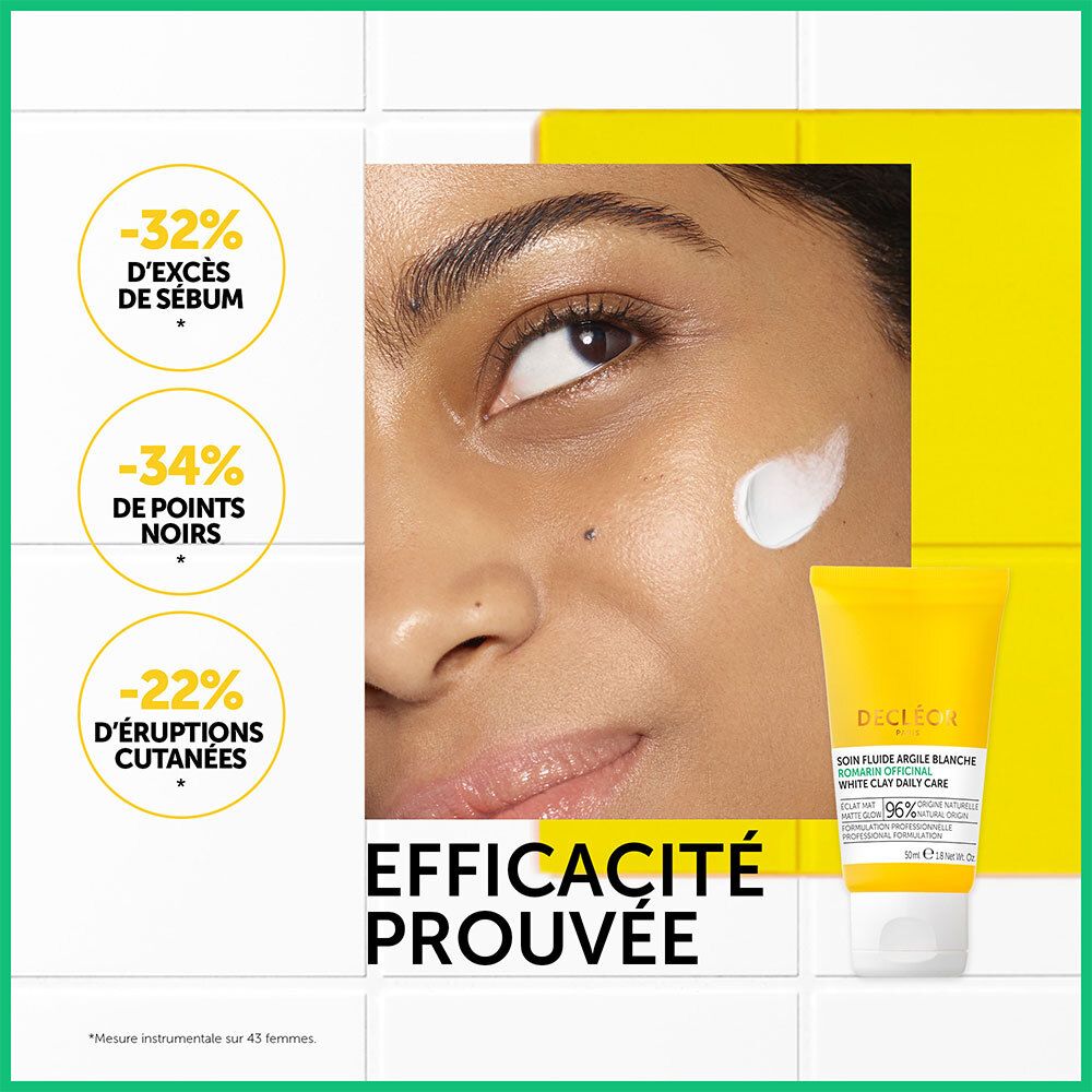 Visage avec crème. Texte: -32% sébum, -34% points noirs, -22% éruptions cutanées. Produit: Soin Fluide Argile Blanche.