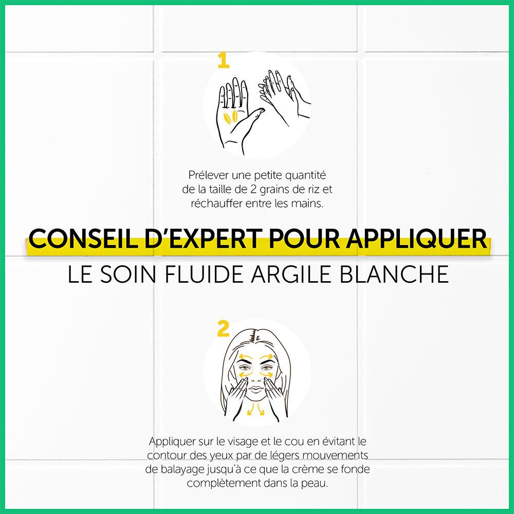 Conseils d'application. Mains avec crème. Texte: Soin Fluide Argile Blanche. Visage avec crème. Illustrations.