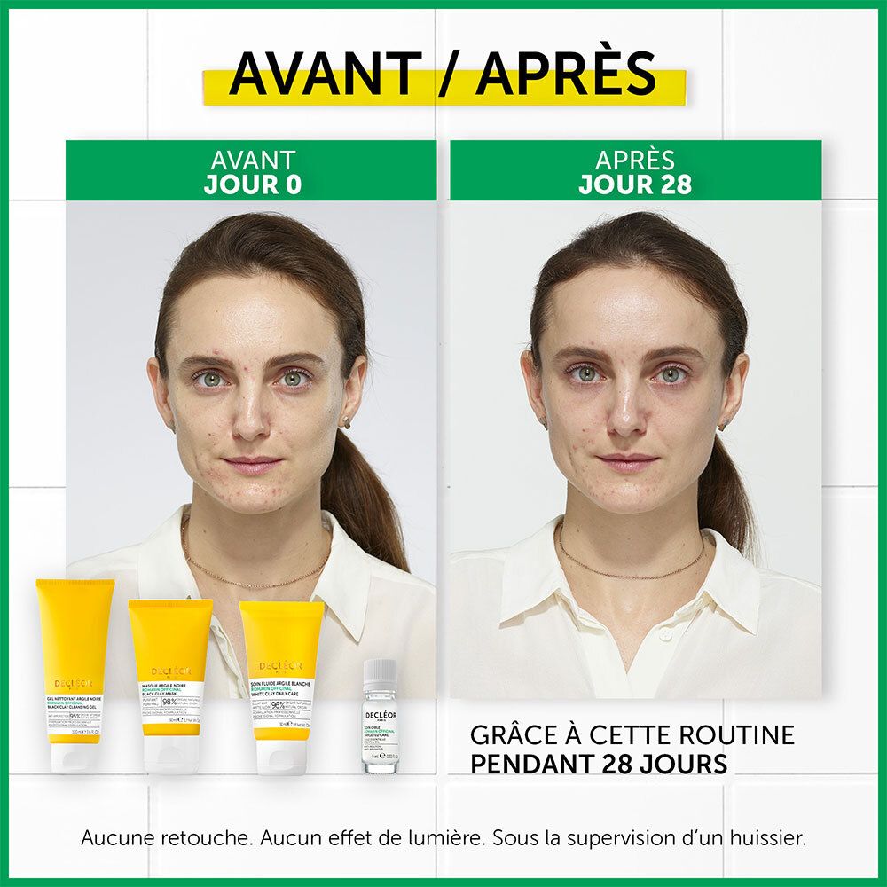 Comparaison avant/après. Deux visages. Texte: Avant, Après. Produits: Soin Fluide Argile Blanche, autres produits.