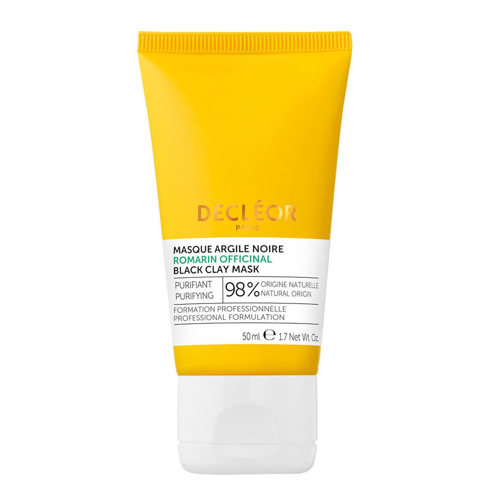 Tube jaune avec bouchon blanc. Texte : Decléor Paris, Masque Argile Noire, Black Clay Mask, 98% d'origine naturelle.