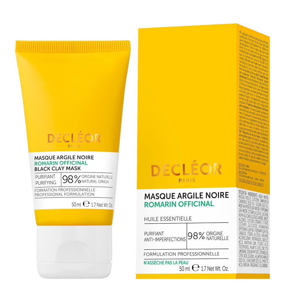 Tube et boîte jaunes. Texte : Decléor Paris, Masque Argile Noire, Black Clay Mask, 98% d'origine naturelle. Boîte avec texte.