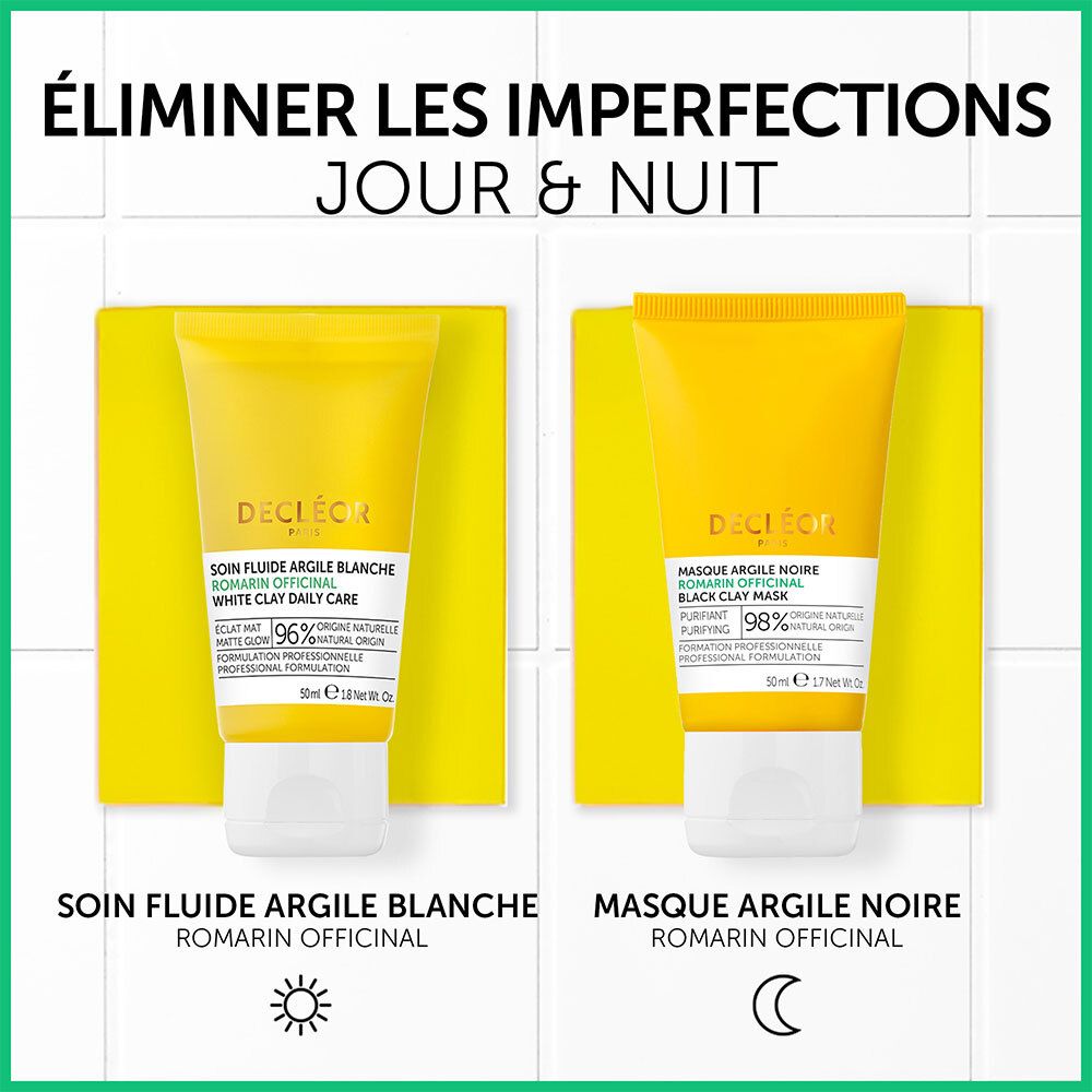 Deux produits : Soin Fluide Argile Blanche et Masque Argile Noire. Texte : Éliminer les imperfections jour & nuit.