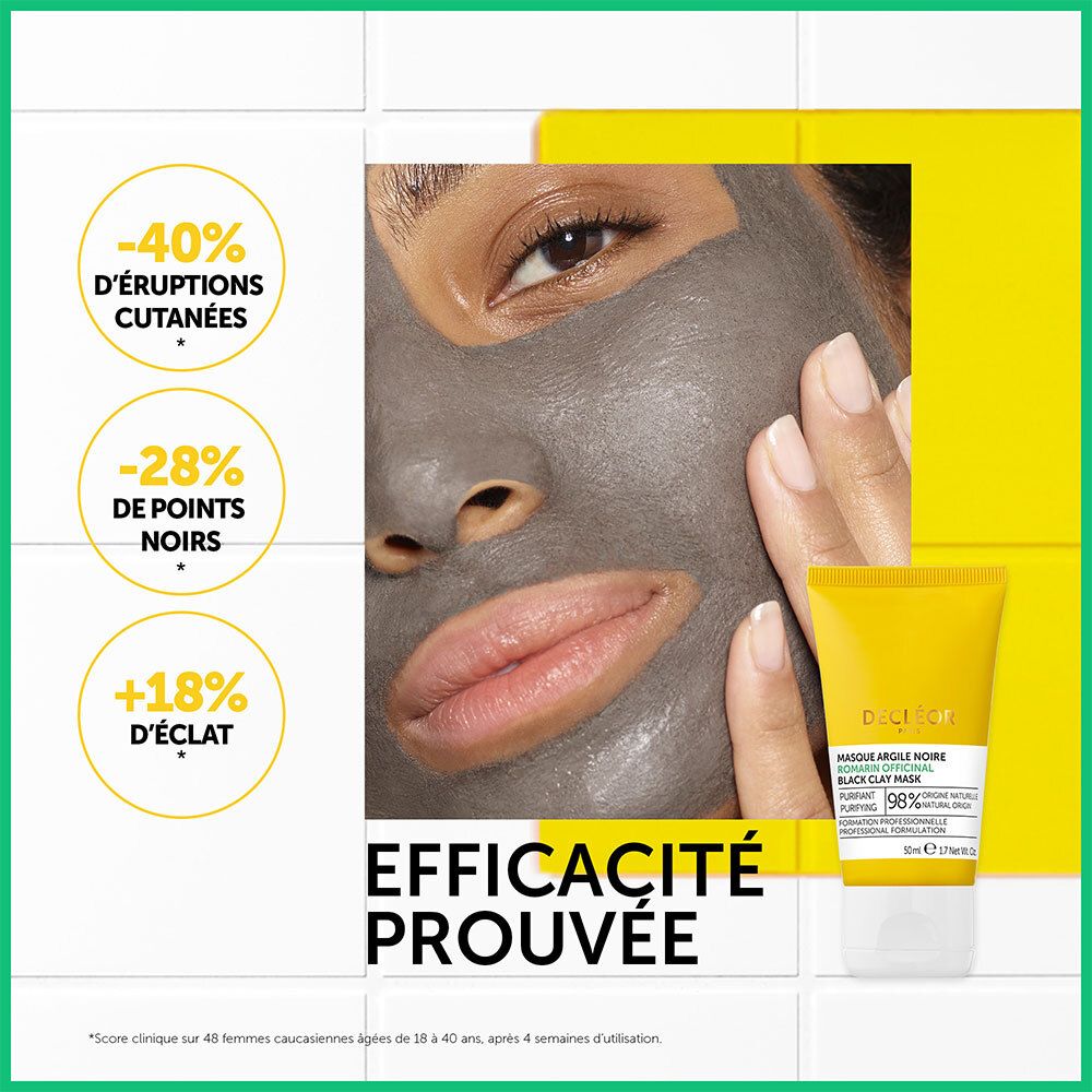 Femme avec masque facial. Texte : Efficacité prouvée. -40% éruptions cutanées, -28% points noirs, +18% d'éclat.