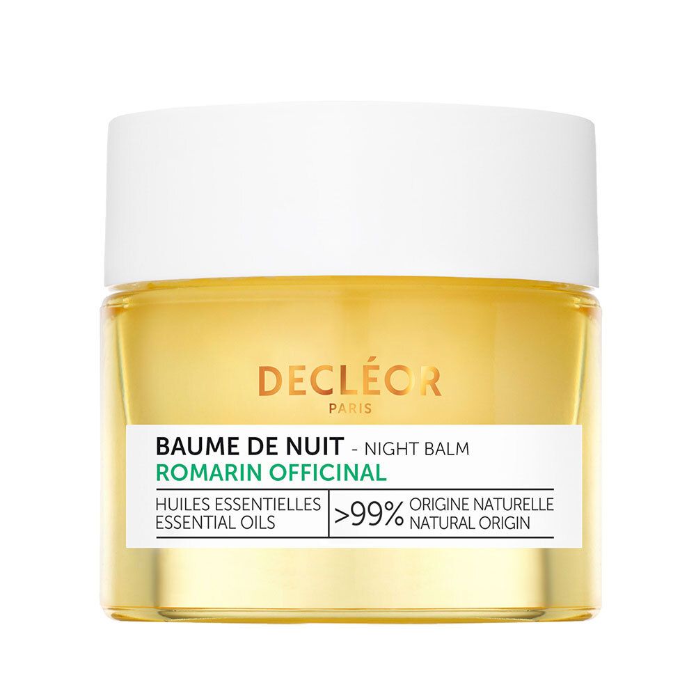 Baume de nuit Decléor. Pot en verre jaune, couvercle blanc. Inscription : Baume de Nuit, Romarin Officinal, >99% origine naturelle.