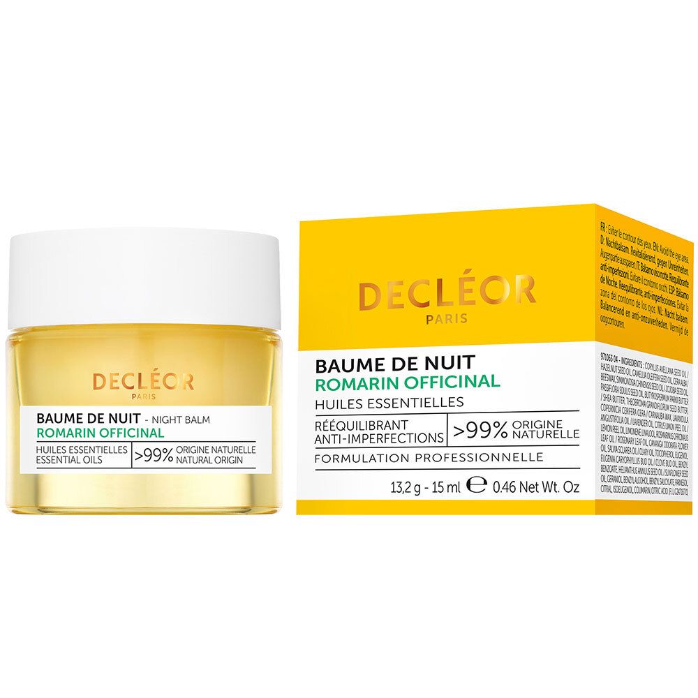 Emballage du produit. Decléor Baume de Nuit et boîte jaune. Inscription : Baume de Nuit, Romarin Officinal, >99% origine naturelle.