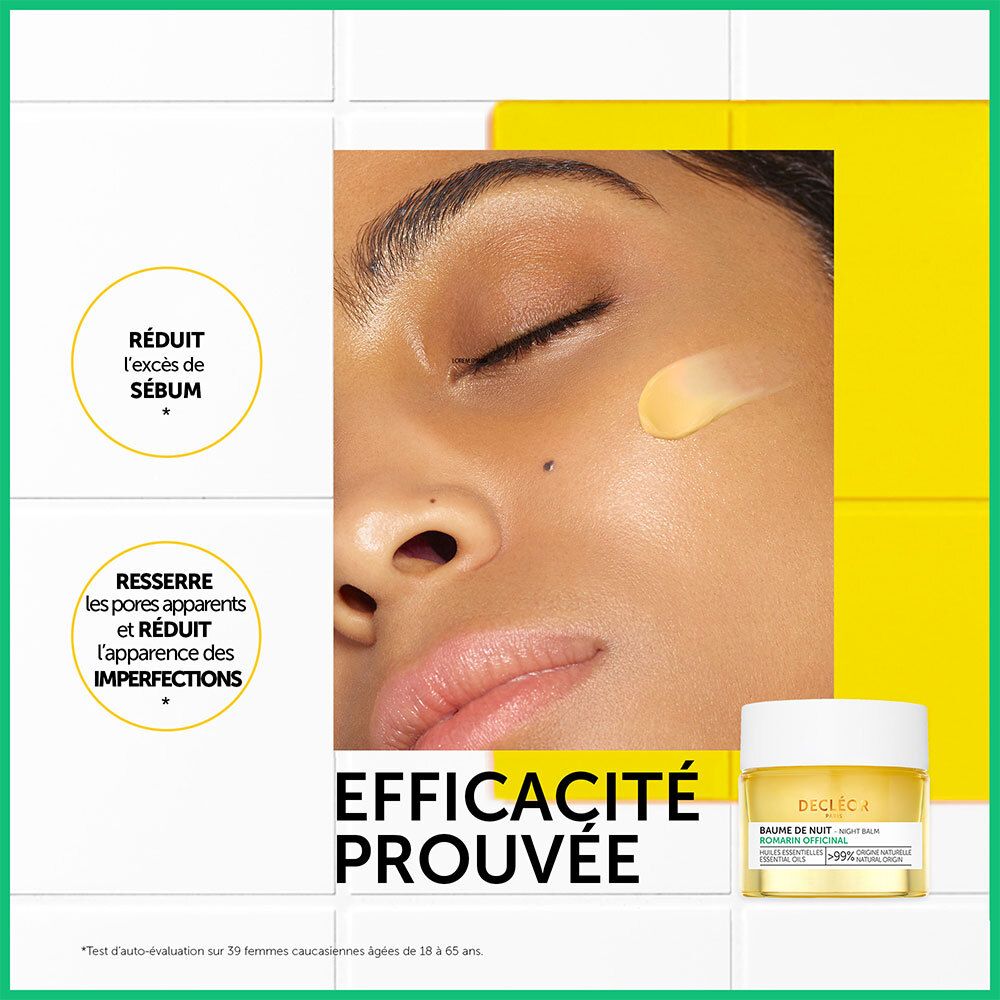 Visage d'une femme avec application du produit. Inscription : Baume de Nuit, Romarin Officinal. Texte : Efficacité prouvée. Réduit le sébum.