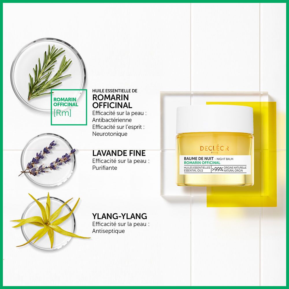Ingrédients et produit. Romarin, lavande, ylang-ylang. Inscription : Baume de Nuit, Romarin Officinal. Texte : >99% origine naturelle.