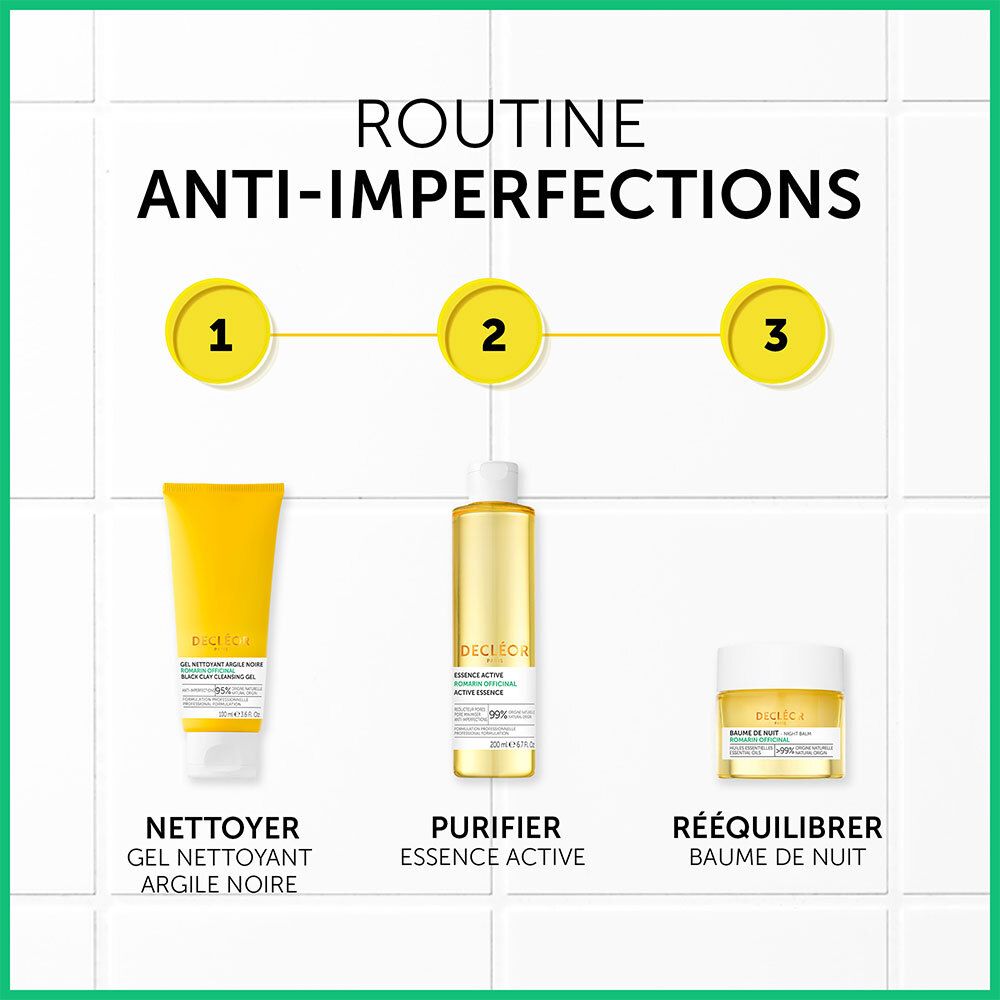 Routine anti-imperfections. 3 produits : Nettoyer, Purifier, Rééquilibrer. Inscription : Baume de Nuit, Romarin Officinal.