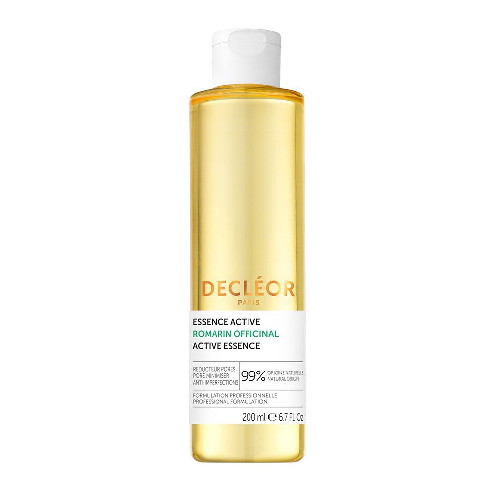 Flacon transparent, liquide jaune. Bouchon blanc. Inscription: Decléor, Essence Active, Romarin Officinal.