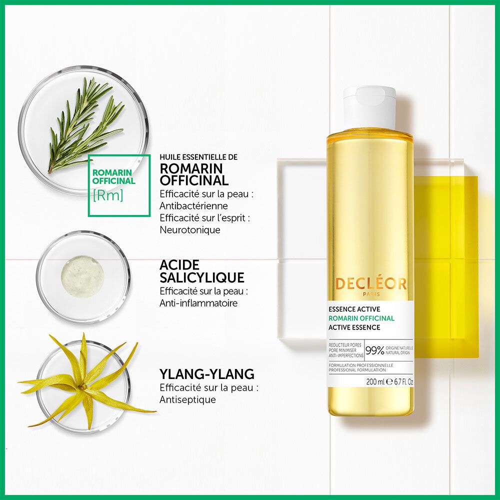 Flacon à côté d'illustrations d'ingrédients. Texte: Romarin Officinal, Acide Salicylique, Ylang-Ylang.
