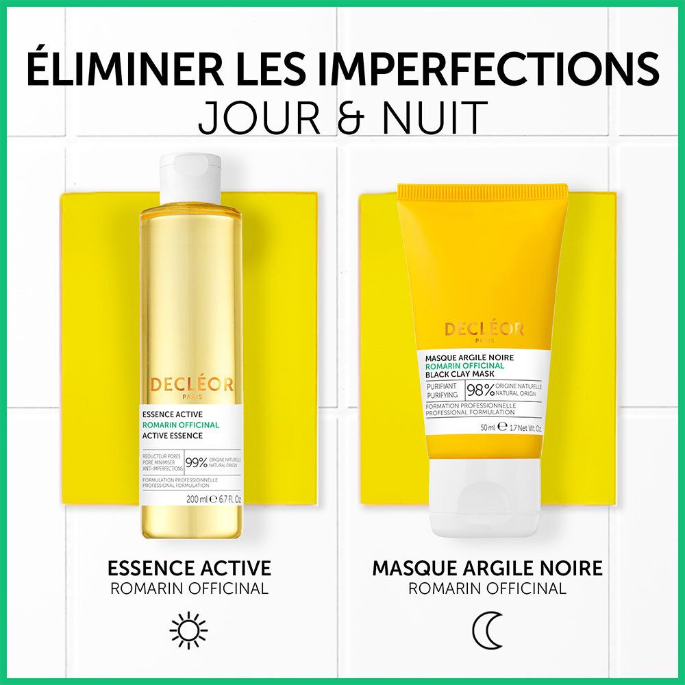 Flacon et tube. Texte: Essence Active, Romarin Officinal, Masque Argile Noire, Romarin Officinal.