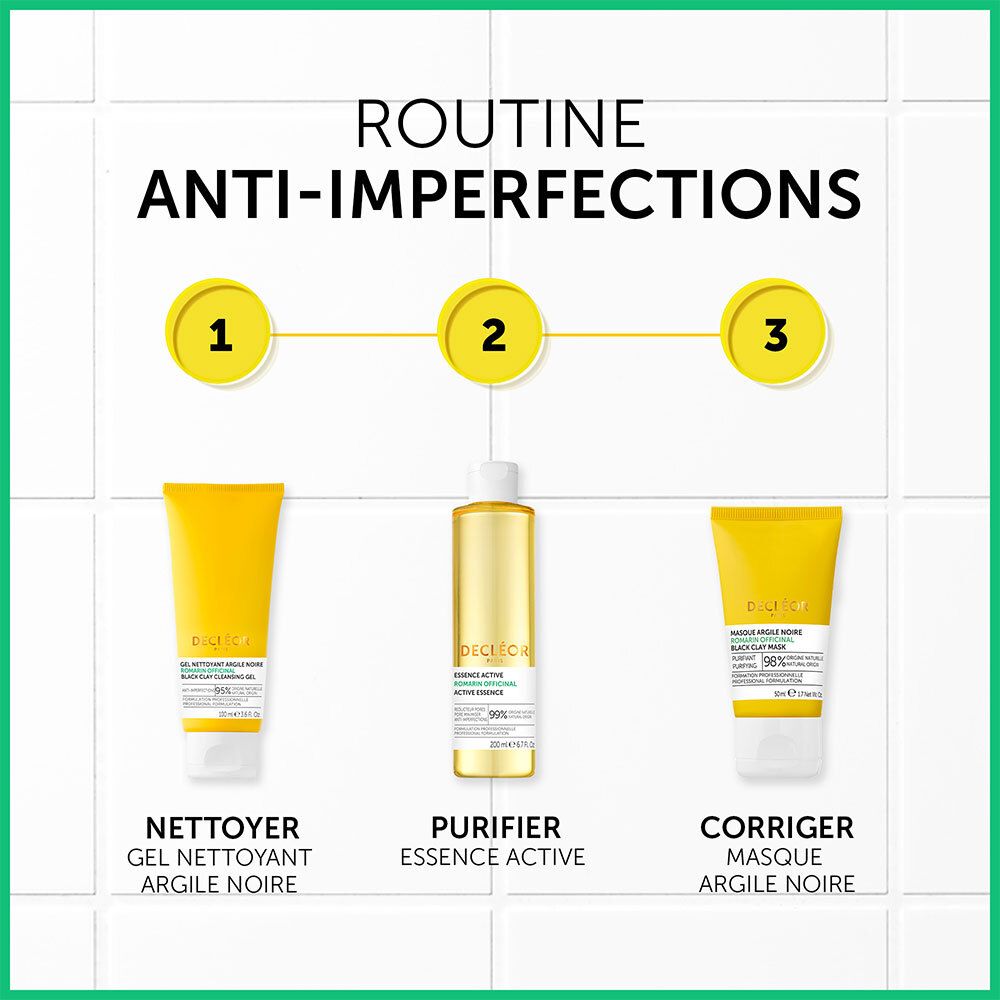 Trois produits. Texte: Nettoyer, Purifier, Corriger. Produits: Gel Nettoyant, Essence Active, Masque Argile Noire.