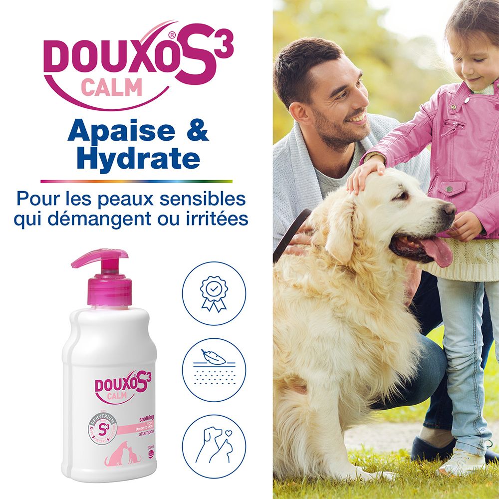 Douxo S3 Calm Shampoo. Texte : Apaise & hydrate. Pour peaux sensibles qui démangent ou irritées. Chien, homme et enfant.