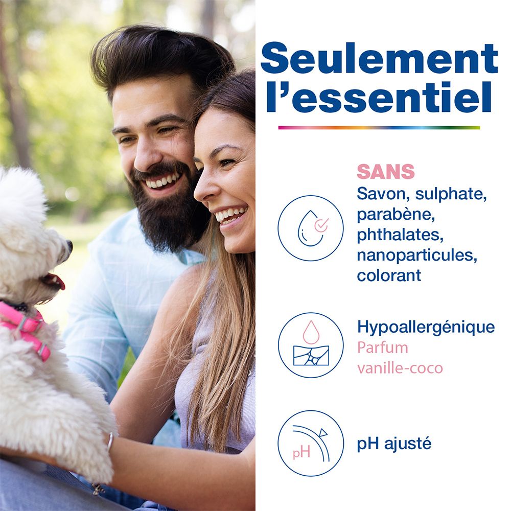 Homme et femme souriants. Texte : Seulement l'essentiel. Sans savon, sulfates, parabène, phtalates, nanoparticules, colorant.