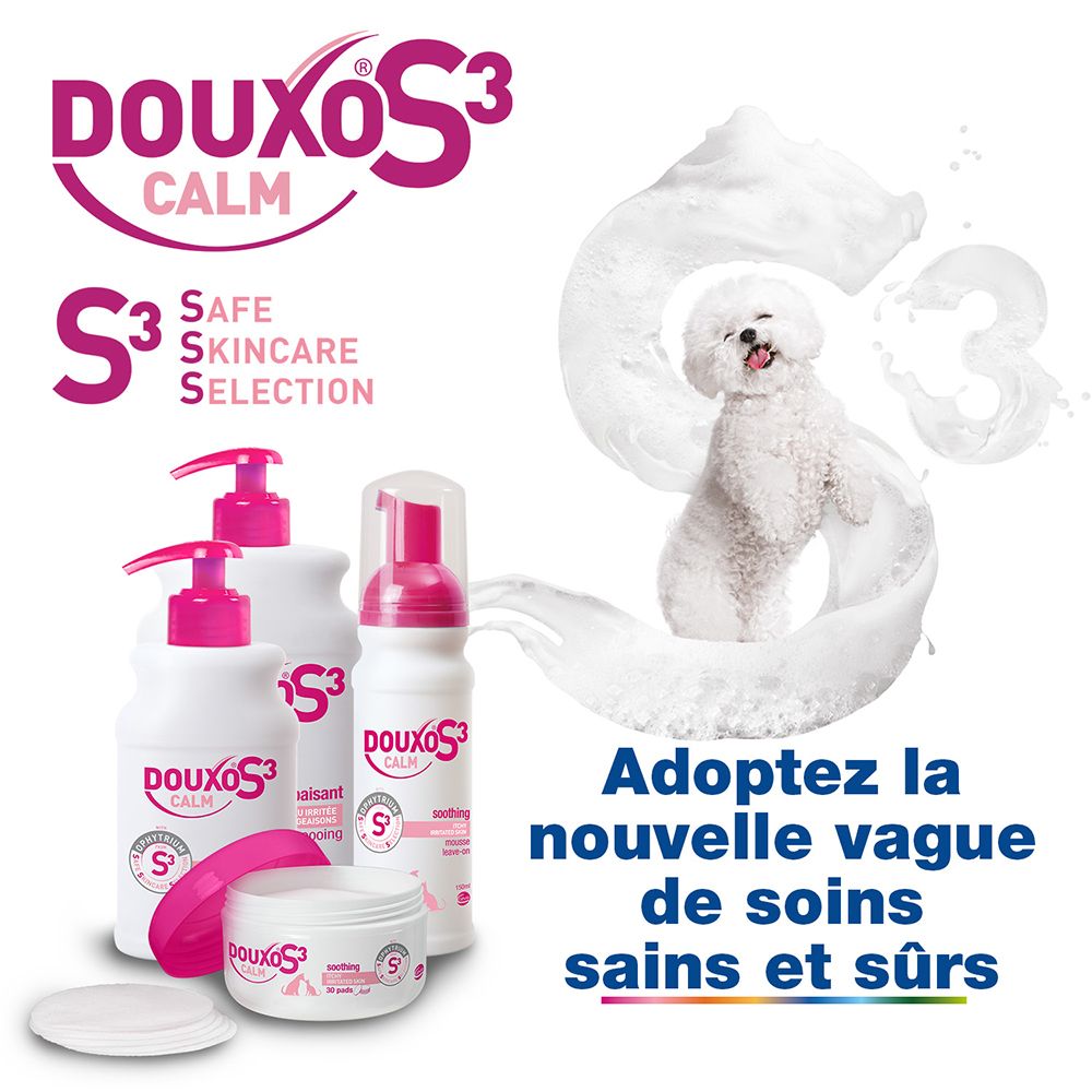 Produits Douxo S3 Calm. Shampooing, mousse, crème. Texte : Adoptez la nouvelle vague de soins sains et sûrs.