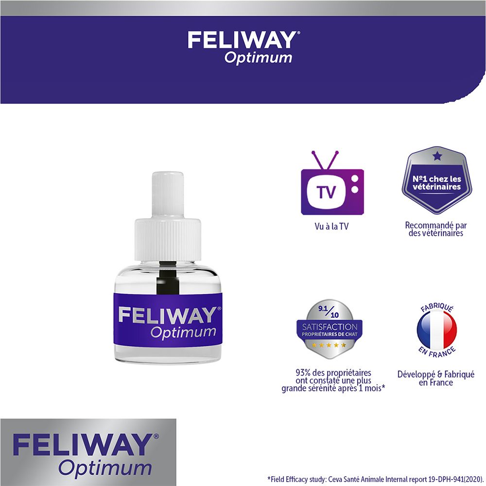 Diffuseur Feliway Optimum. Texte: N°1 chez les vétérinaires. 95% des propriétaires ont constaté plus de sérénité. Fabriqué en France.