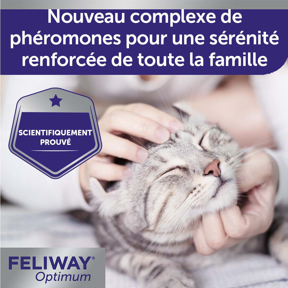 Feliway Optimum. Texte: Scientifiquement prouvé. Chat caressé. Logo du produit.