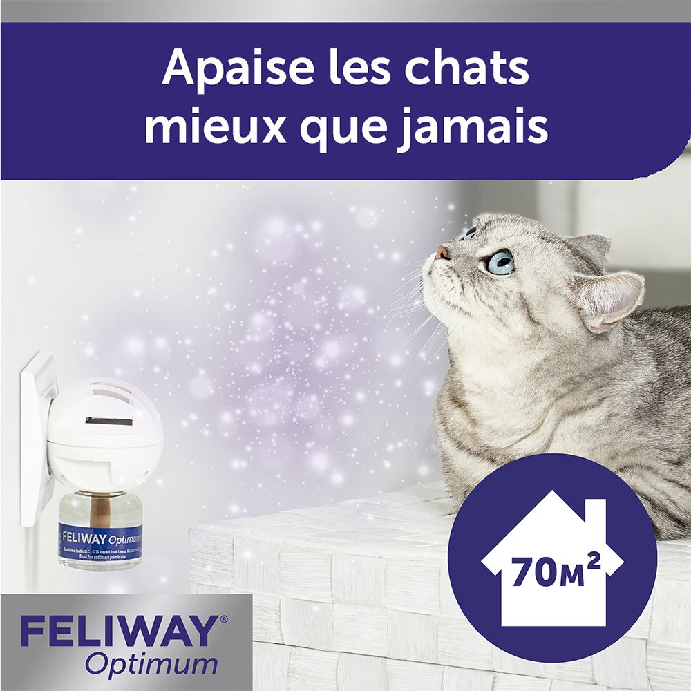 Chat sur un canapé. Diffuseur Feliway Optimum. Texte: Jusqu'à 70 m². Logo Feliway Optimum.