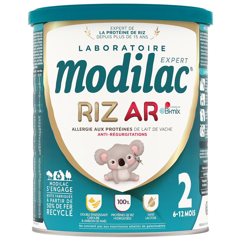 Modilac Expert Riz AR 2: boîte de lait infantile, 6-12 mois, anti-régurgitation, protéine de riz.