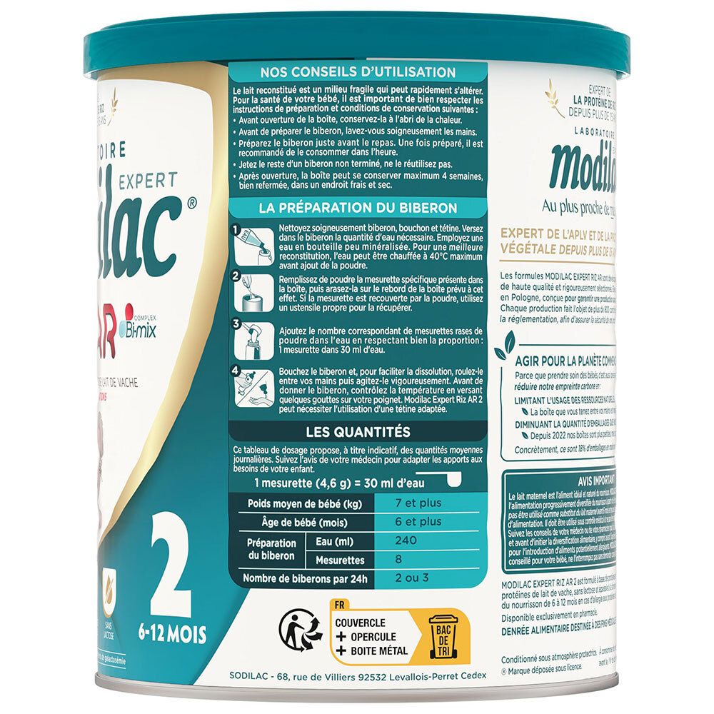 Modilac Expert Riz AR 2: boîte avec instructions de préparation et tableau de dosage.