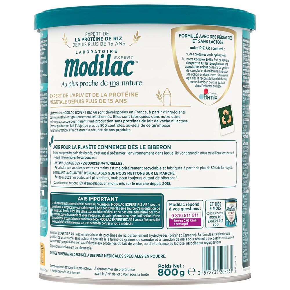 Arrière de la boîte Modilac Expert 1 Riz AR avec informations produit et symboles de recyclage.