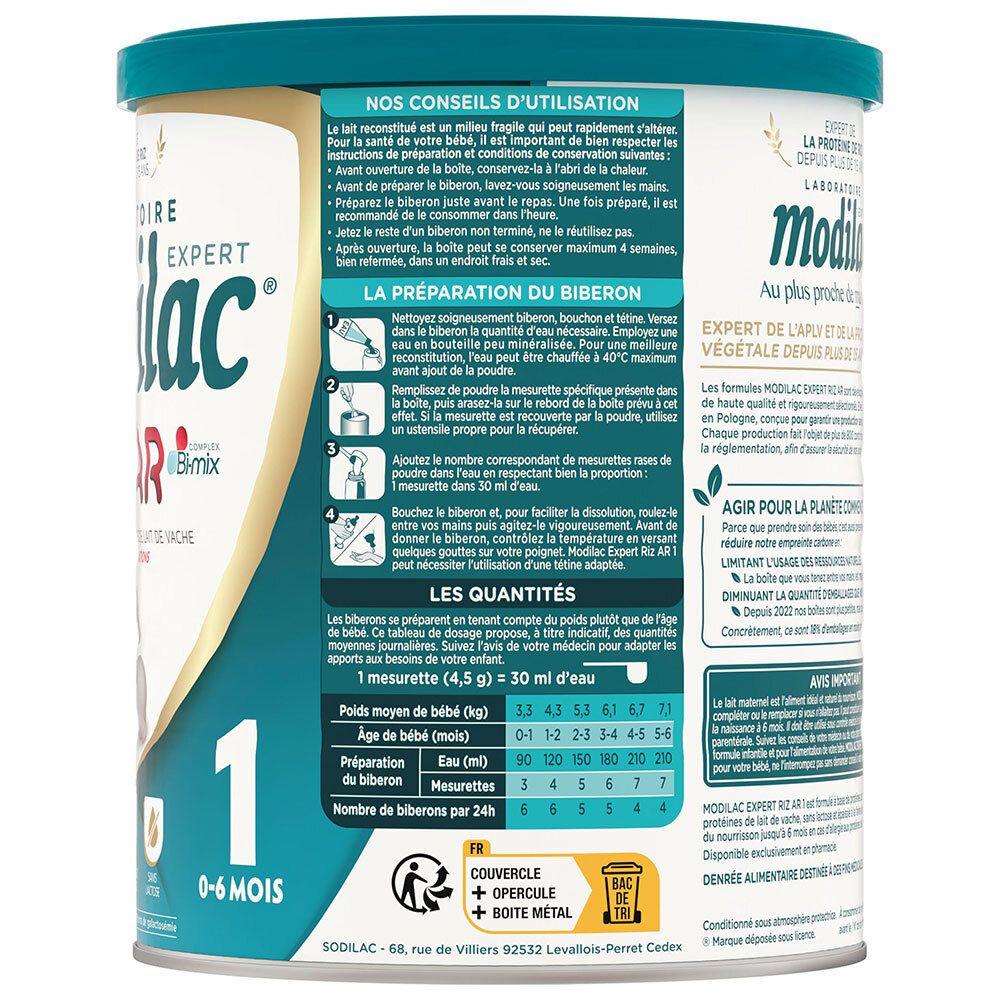 Côté de la boîte Modilac Expert 1 Riz AR avec instructions de préparation et tableau des quantités.