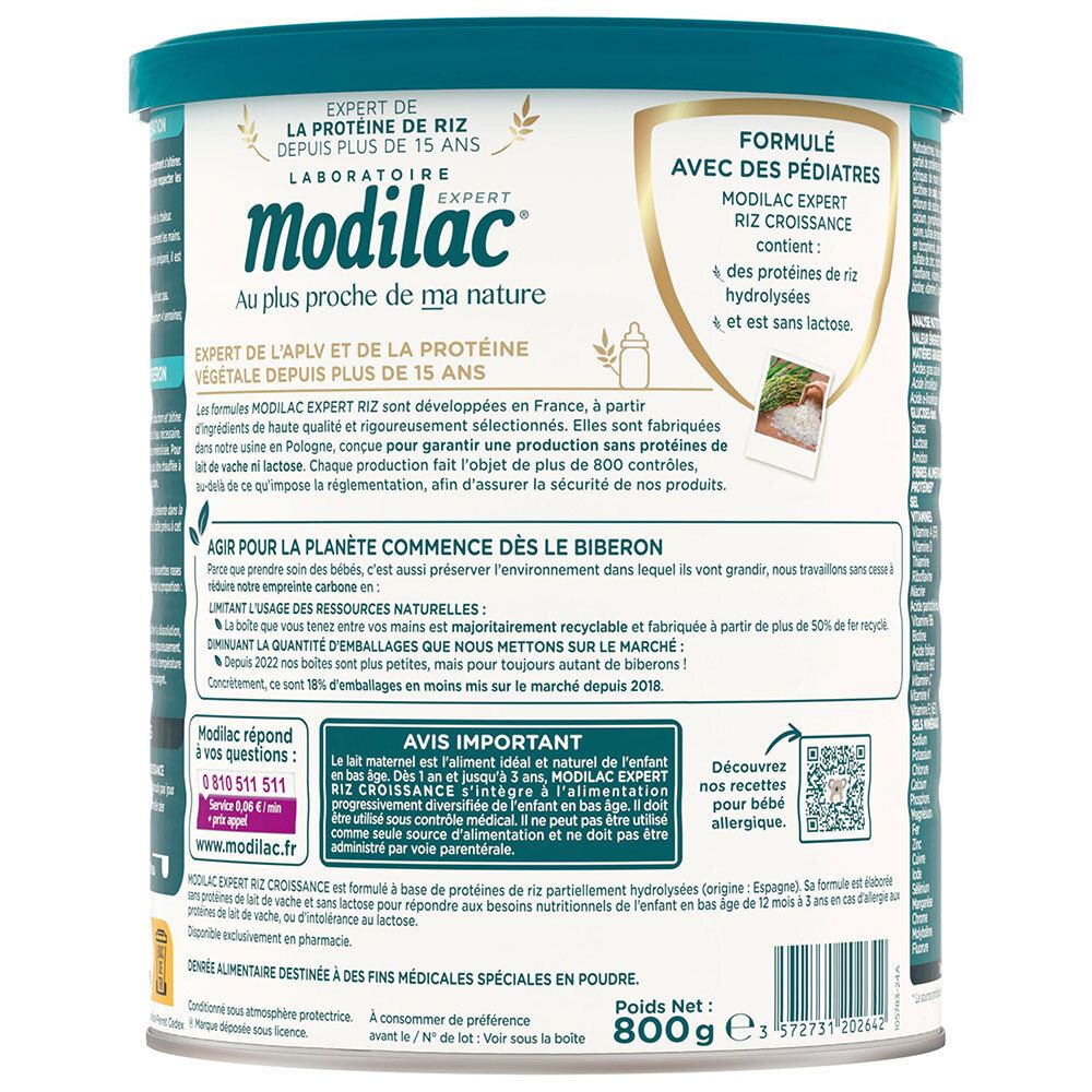 Modilac Expert 3 Riz verso : informations sur les ingrédients et la fabrication pour lait infantile.
