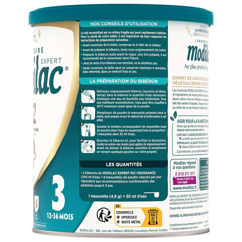Modilac Expert 3 Riz verso : instructions de préparation et dosage pour lait infantile.