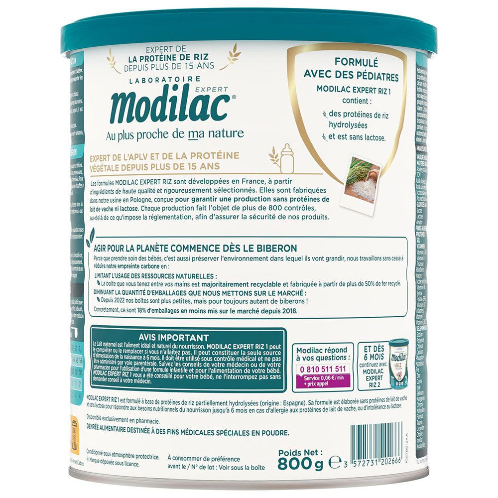Arrière de la boîte Modilac Expert 1 Riz avec informations produit et écologiques.