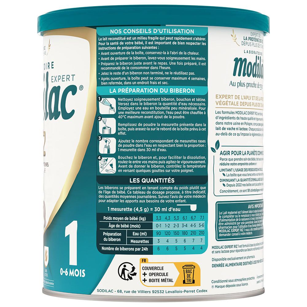 Côté de la boîte Modilac Expert 1 Riz avec instructions de préparation et tableau des quantités.