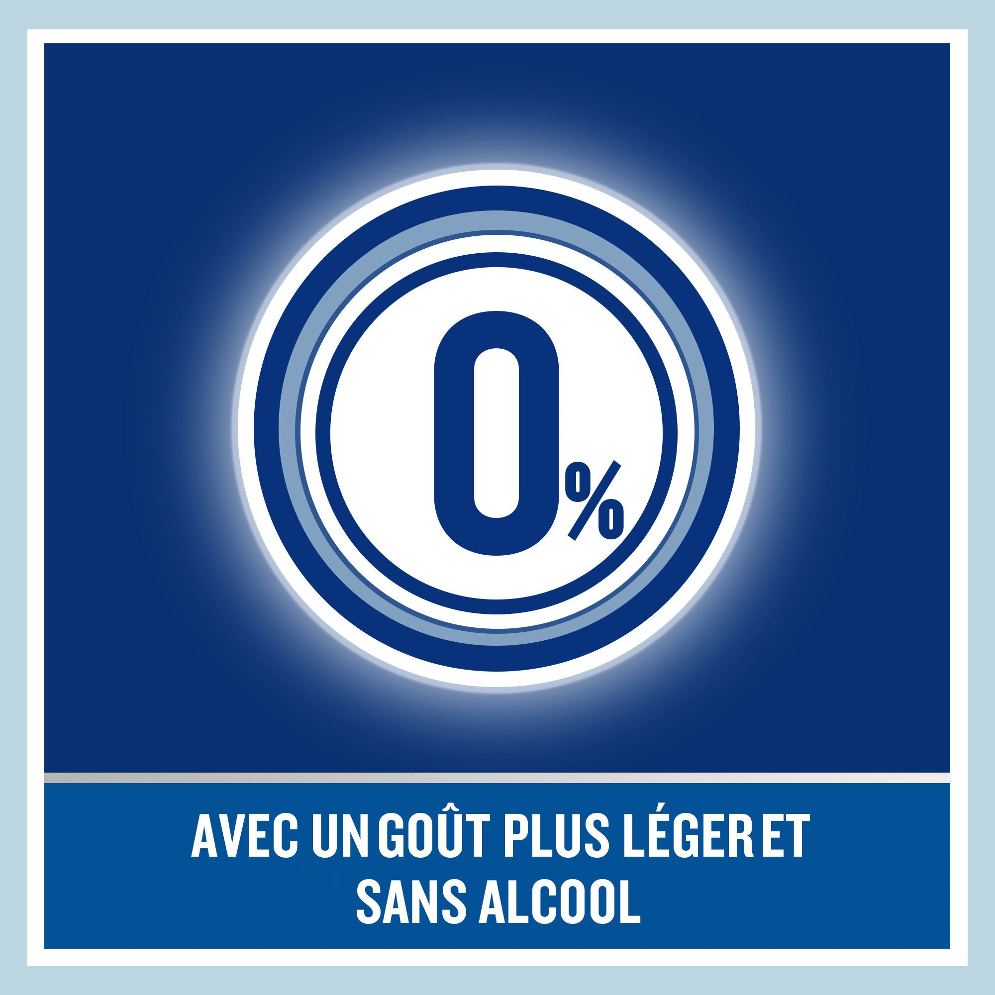 Fond bleu avec cercle blanc. Texte: 0%, avec un goût plus léger et sans alcool.