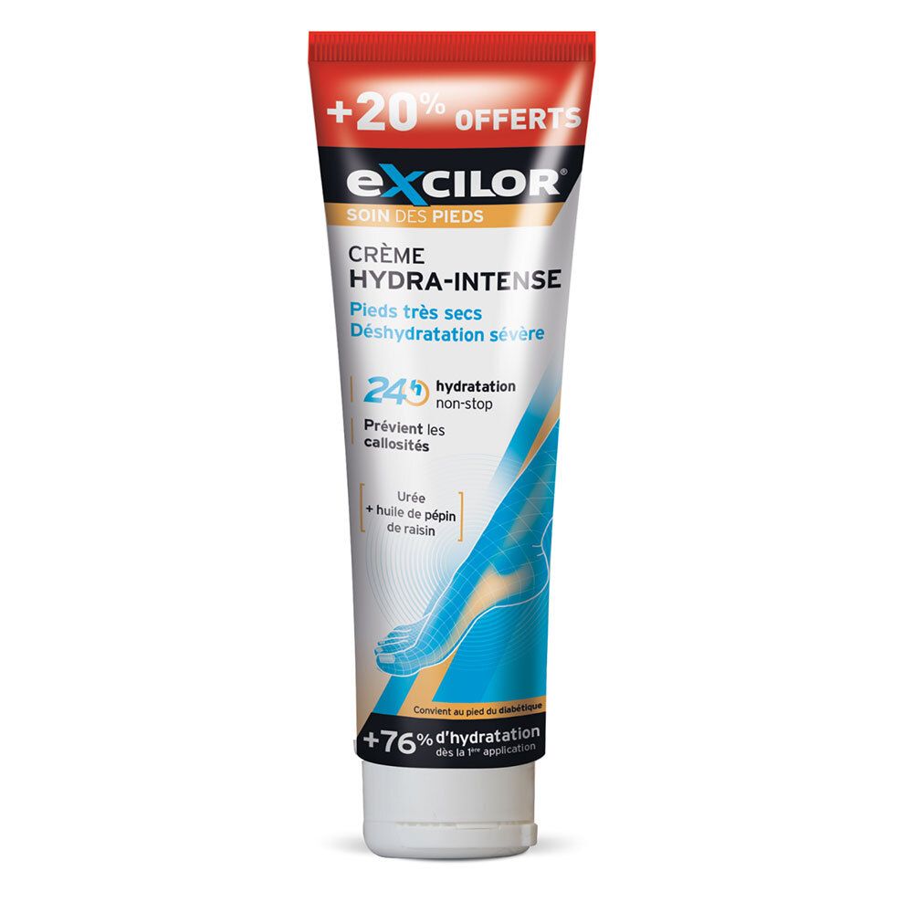 EXCILOR Crème Hydra-Intense pour pieds très secs. Hydratation 24h. Contient urée et huile de pépins de raisin. +76% d'hydratation. Tube avec +20% offert.