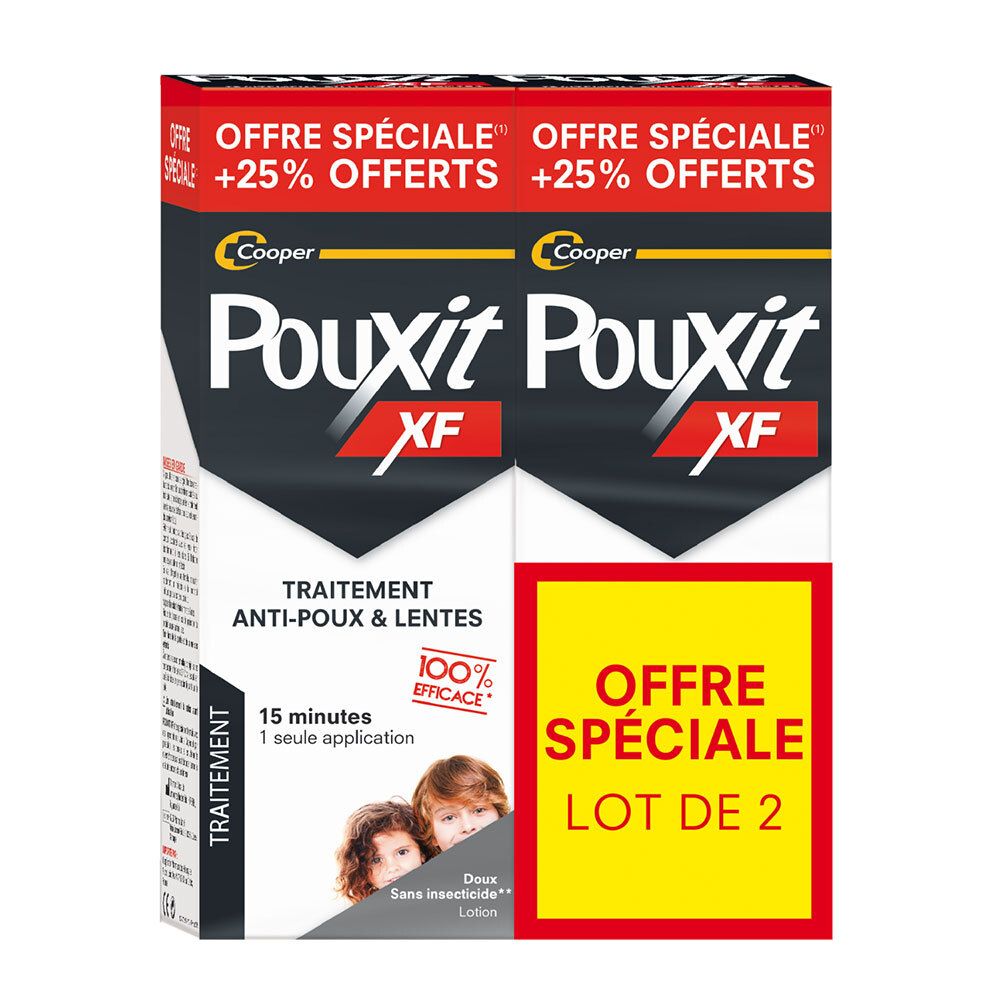 Boîte de 2 PouXit XF. Traitement anti-poux & lentes. 100% efficace. Offre spéciale. Deux enfants sur l'emballage.