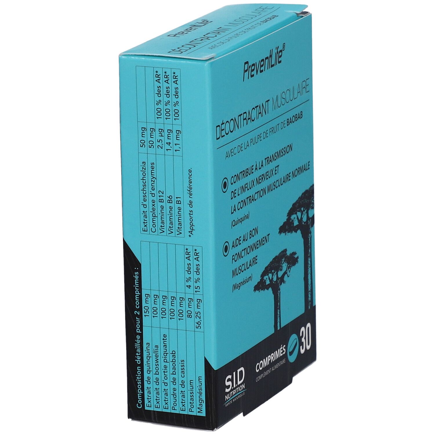 Boîte turquoise, vue latérale. Informations sur le produit et ingrédients. Inscription: PreventLife, Décontractant Musculaire, 30 comprimés.