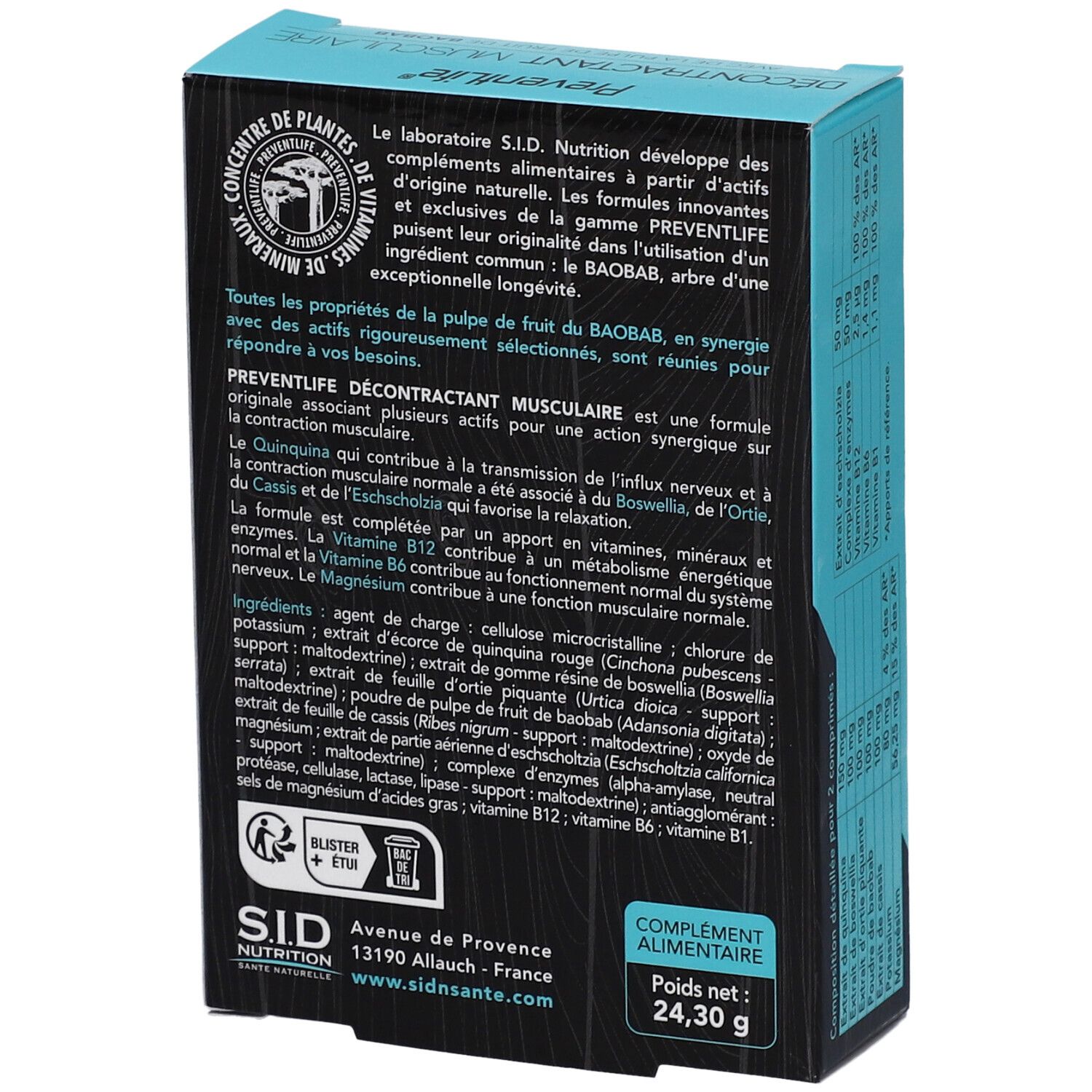 Dos de la boîte turquoise. Informations sur le produit, ingrédients et coordonnées du fabricant. Inscription: PreventLife, Décontractant Musculaire.
