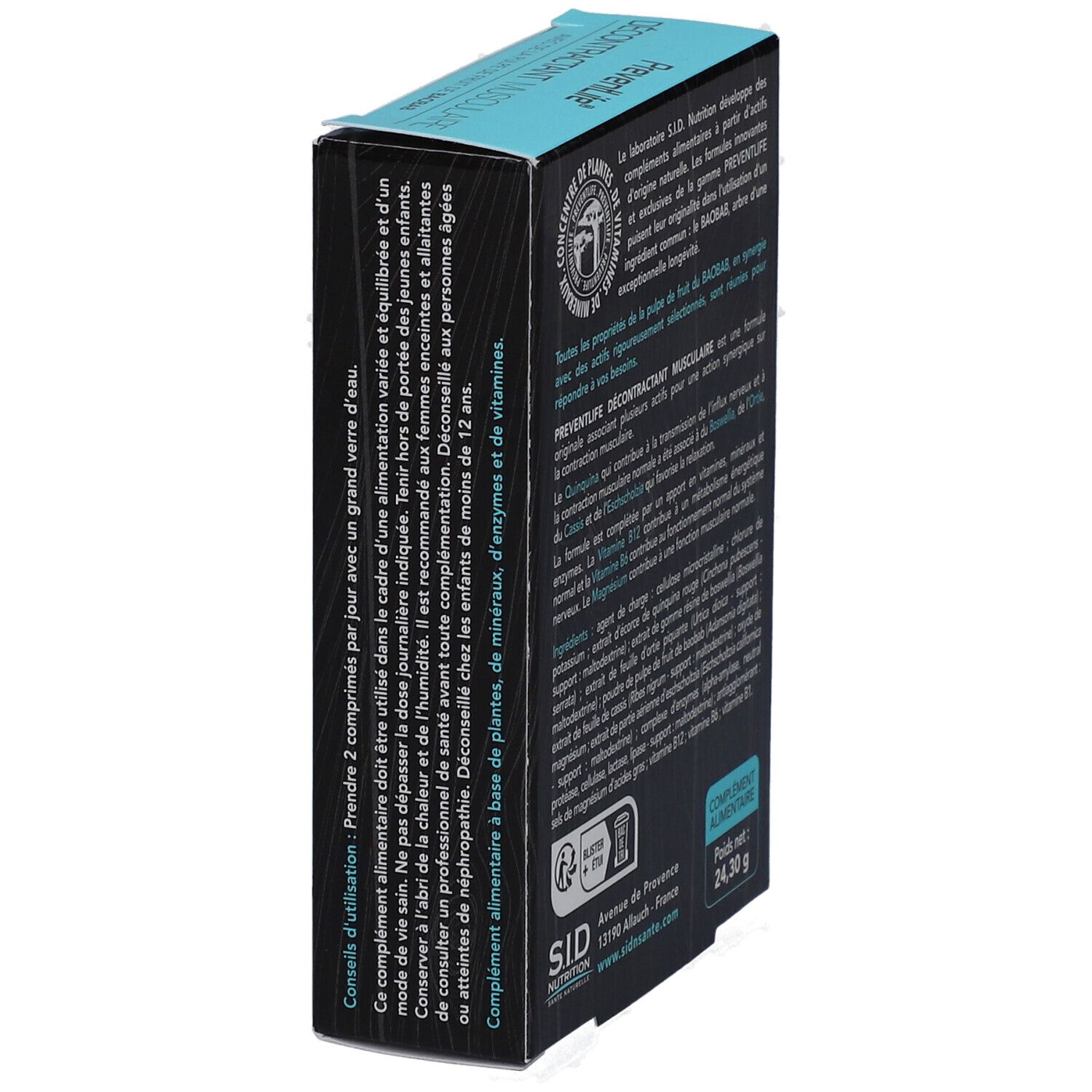 Vue latérale de la boîte turquoise. Informations sur le produit et coordonnées du fabricant. Inscription: PreventLife, Décontractant Musculaire, 24,30 g.