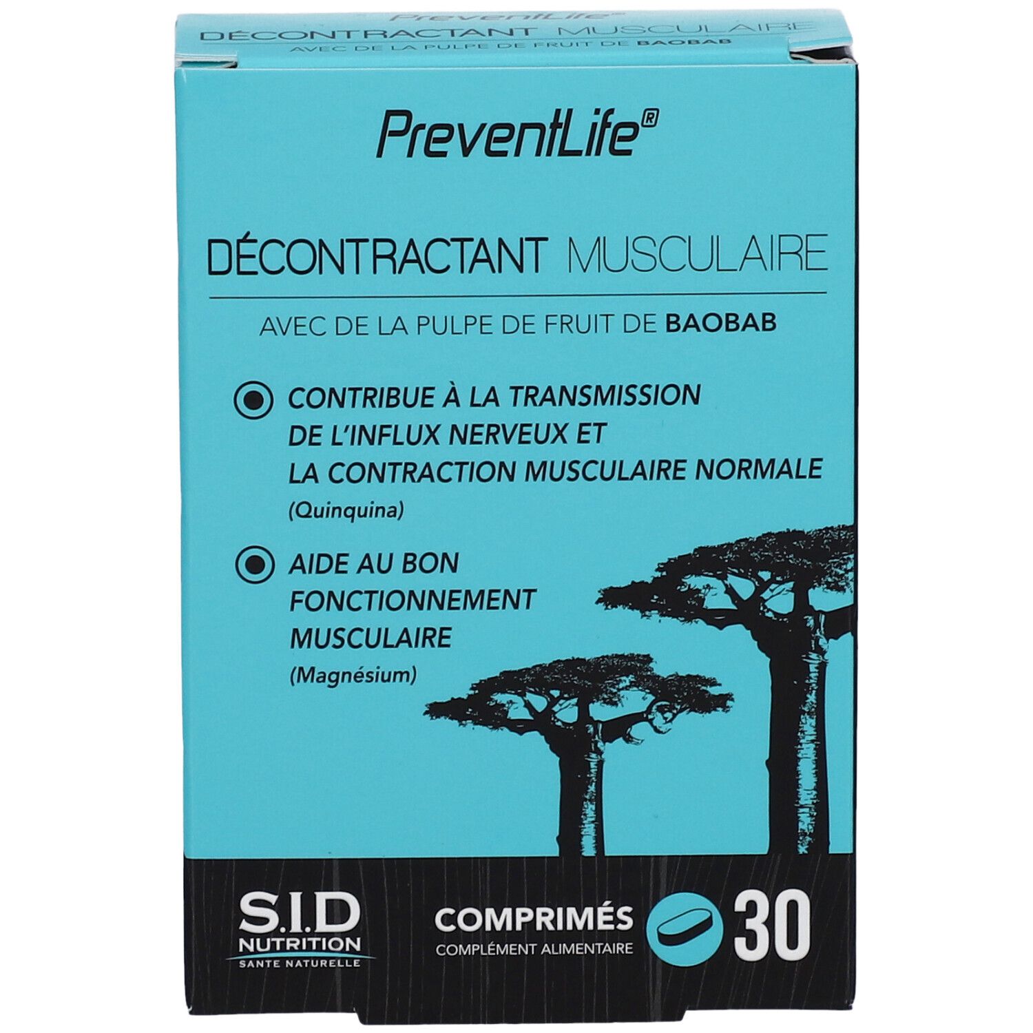 Boîte turquoise avec informations produit. Inscription: PreventLife, Décontractant Musculaire, 30 comprimés. Contient de la pulpe de fruit de baobab.