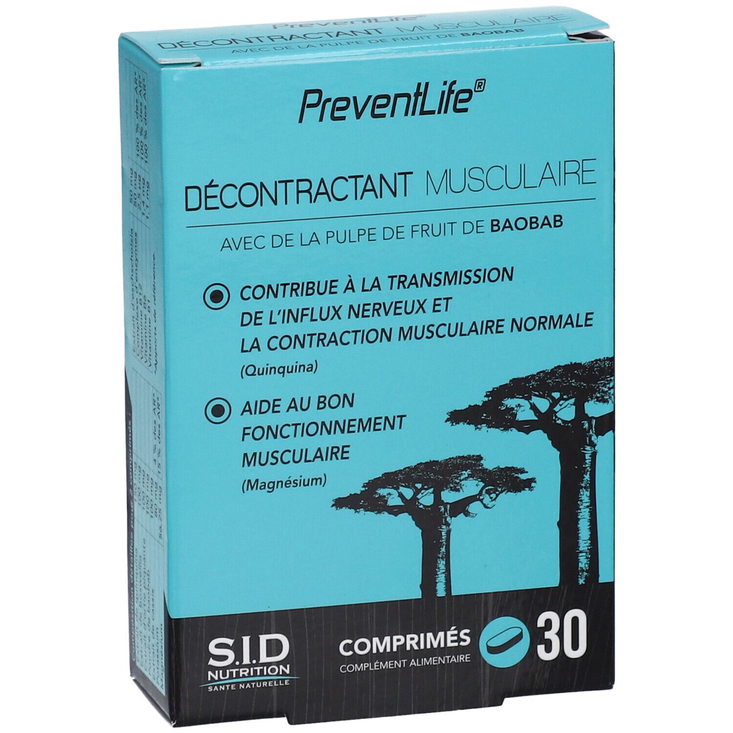 Boîte turquoise avec informations produit. Inscription: PreventLife, Décontractant Musculaire, 30 comprimés. Contient de la pulpe de fruit de baobab.