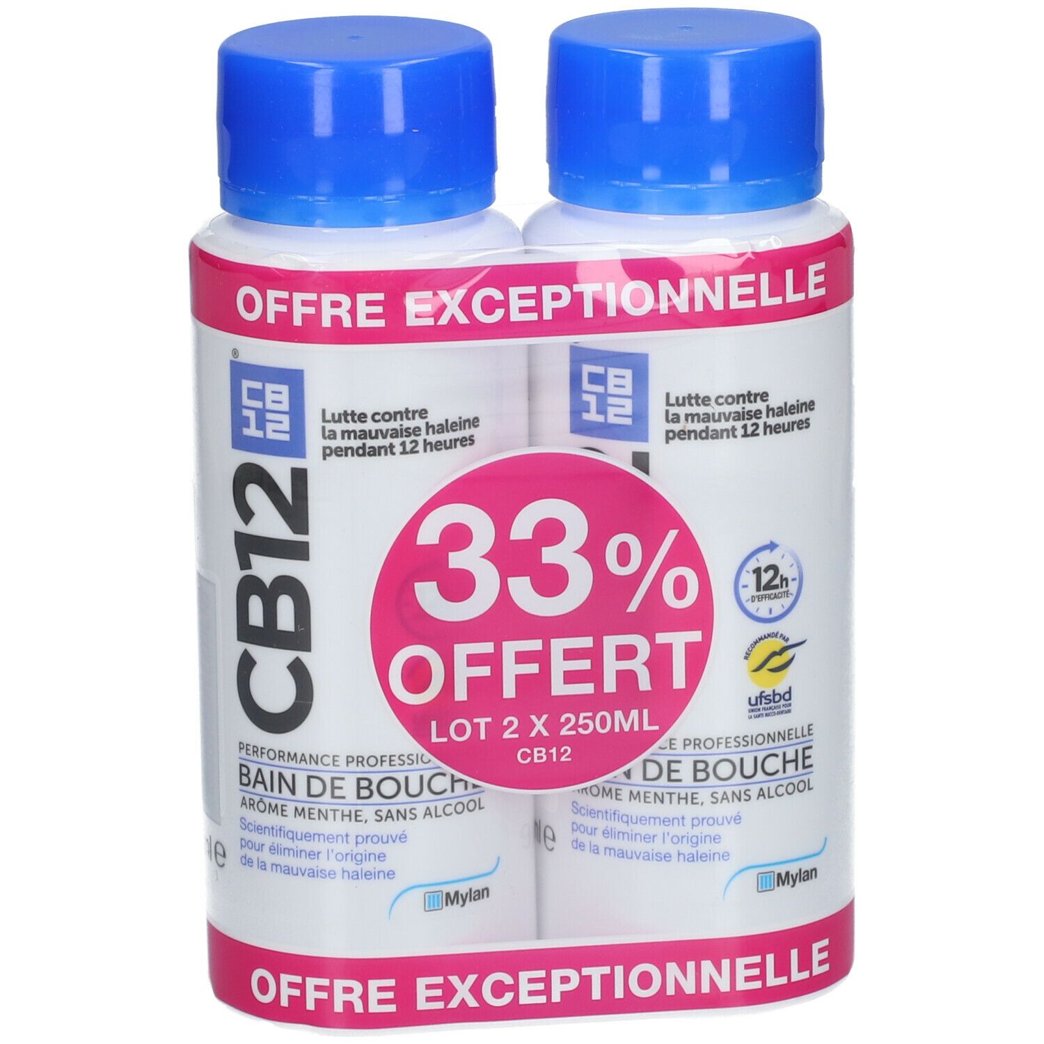CB12 - Bain de bouche - Lutte contre la mauvaise haleine pendant 12 heures - Sans alcool - Arôme menthe - Lot de 2x250 ml