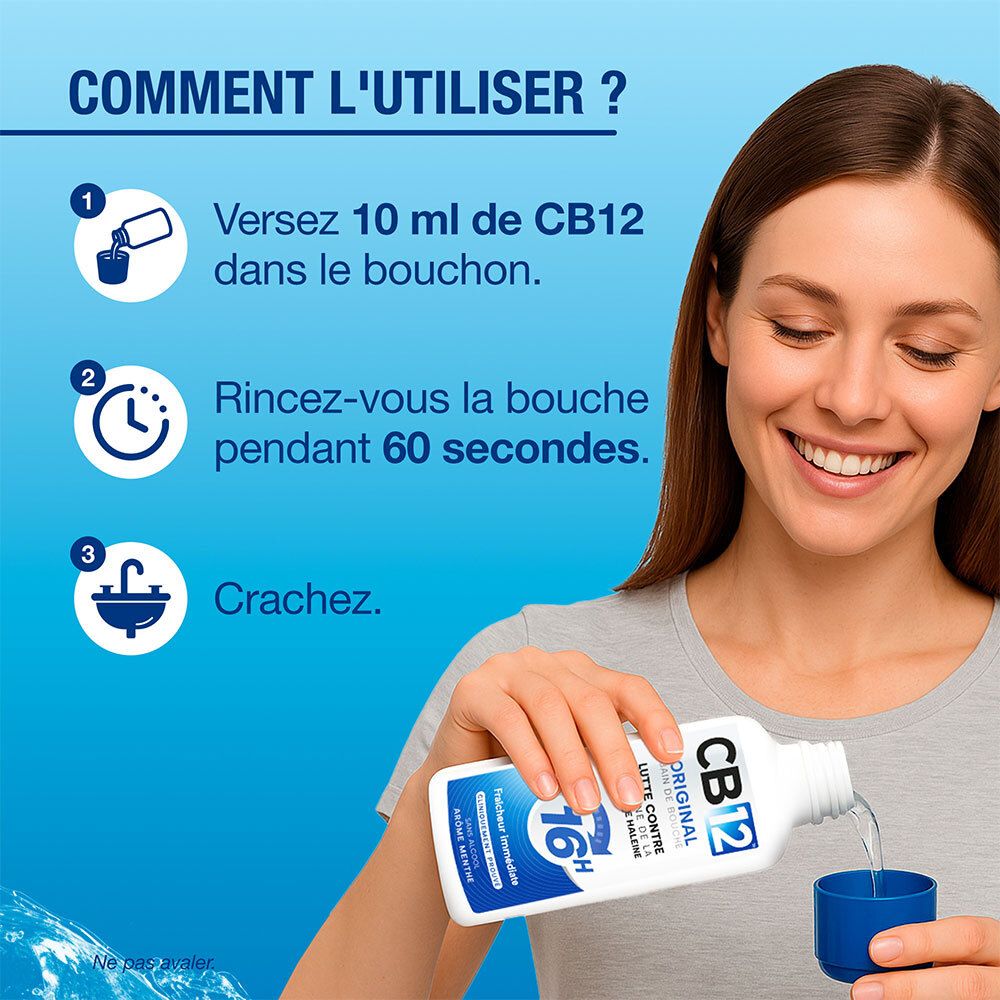Utilisation du bain de bouche CB12 : 10ml dans le bouchon, rincer 60 secondes, cracher.