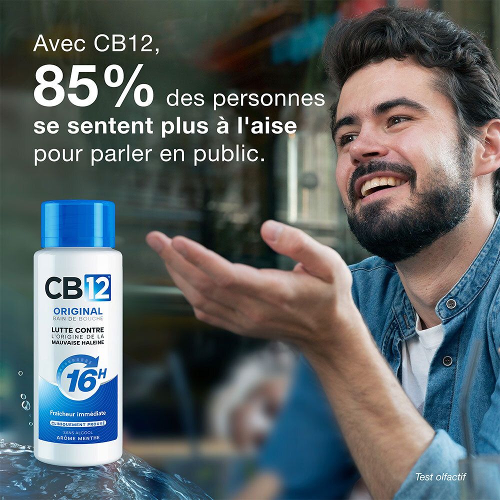 Avec CB12, 85% se sentent plus à l'aise en public. Flacon de bain de bouche.