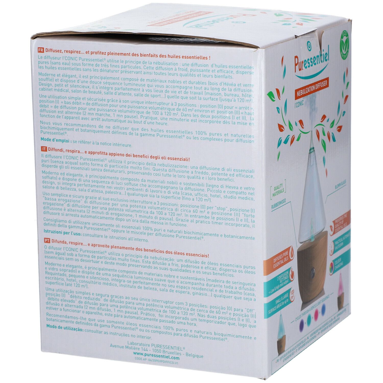 Dos de la boîte du diffuseur I'CONIC. Texte multilingue. Illustration du diffuseur avec lumières colorées.